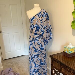 fab'rik Blue and Cream Patterned One-Shoulder Maxi Dress
